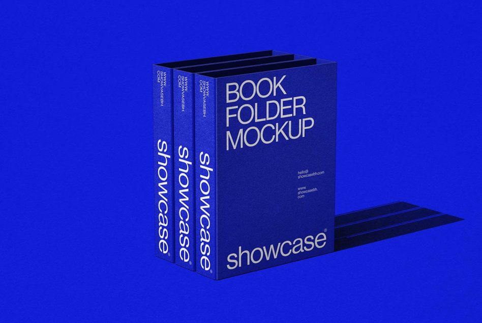 Blue book folder mockup with three spine sides on vibrant blue background