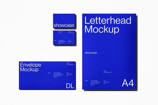 Blue stationery mockup set including business cards, envelope, and A4 letterhead on white background for designers and branding presentations.