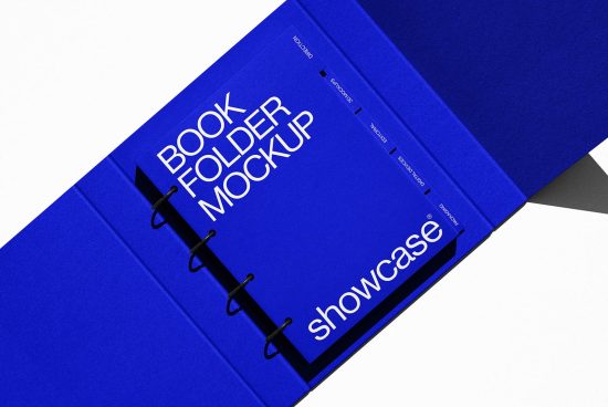 Blue book folder mockup on white background, angled view with visible spine detail, realistic design showcase for presentations.