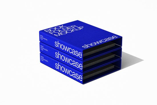Stack of blue hardcover book mockups with showcase text on spine for graphic design asset.