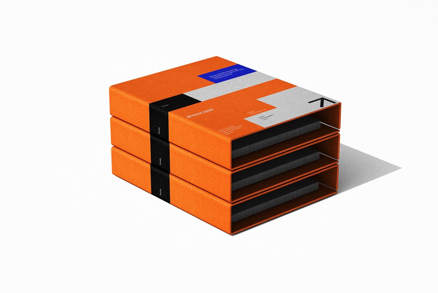 Stack of three orange shoe boxes with top one open revealing shoe layout, clean design, mockup for branding and packaging presentation.