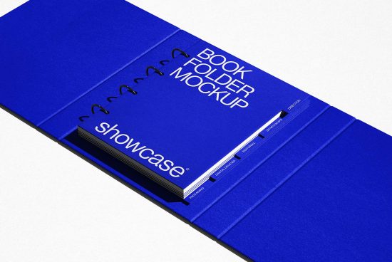 Blue book folder mockup on white background, design presentation tool, realistic graphic template for branding and stationery display.