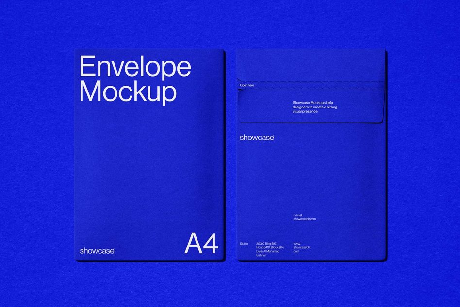 Royal blue A4 envelope mockup on bright blue background front with white text
