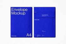 Cobalt blue A4 envelope mockup showing front cover with open flap detail