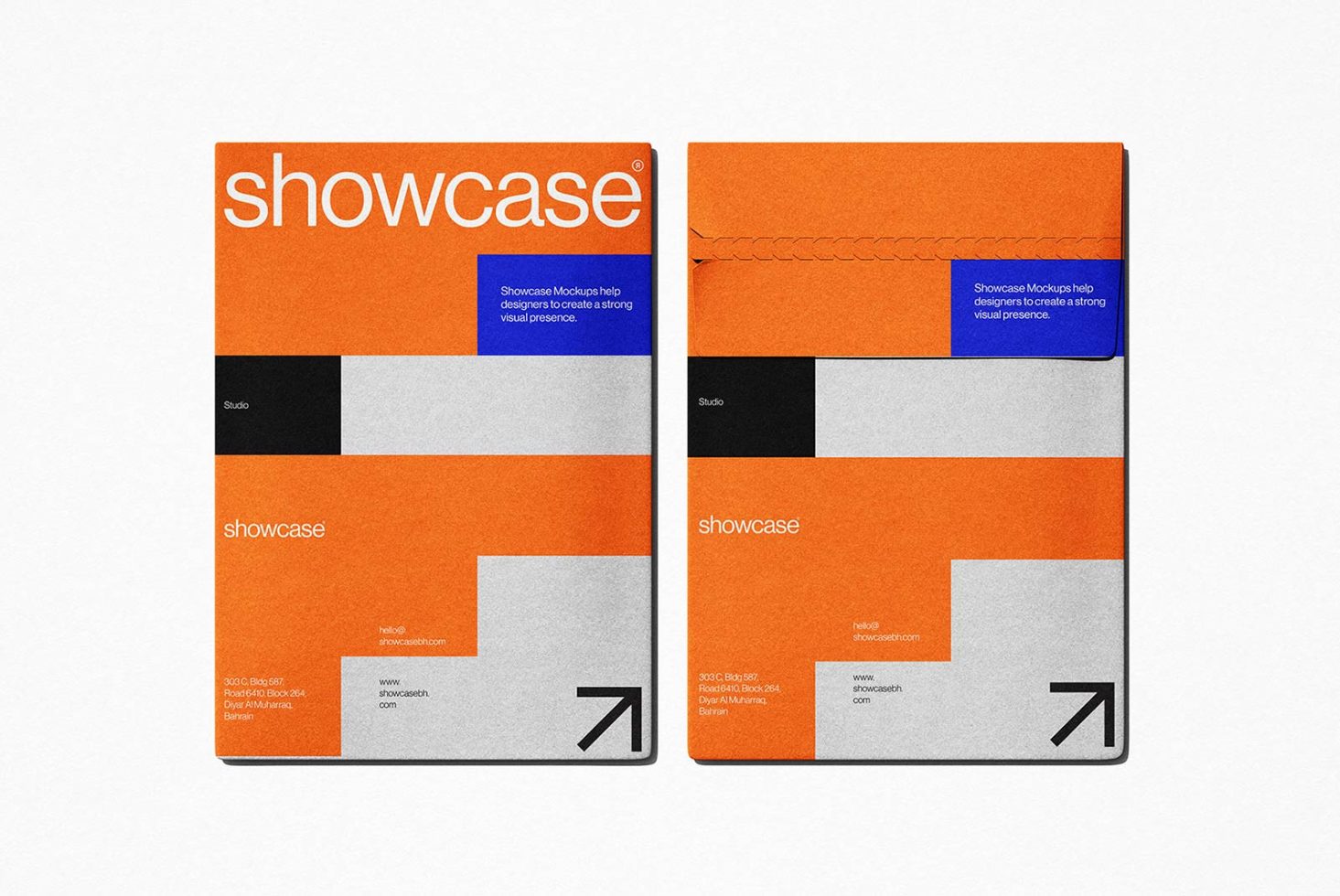 Two modern magazine cover mockups in orange and black with geometric design elements, perfect for brand presentation and portfolio showcase.