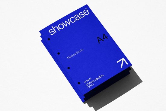 A4 brochure mockup stack with blue cover design on gray background, realistic digital asset for graphic designers.
