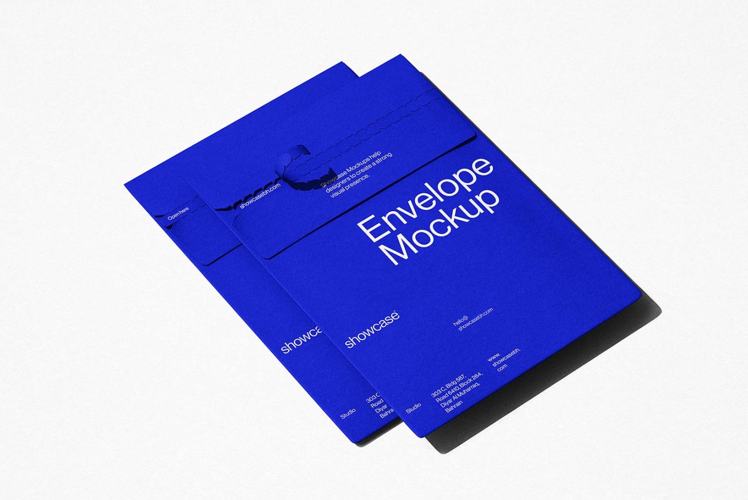 Layered envelope mockup design in blue featuring editable elements for showcasing branding and stationery designs, ideal for graphic designers.