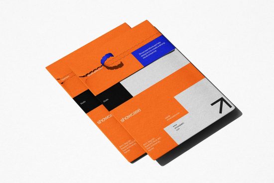 Stylish brochure mockup in orange and grey hues, showcasing modern design, layout variety, and elegant typography for online portfolio.