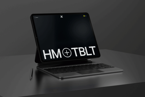 Sleek tablet mockup with stylus pen, modern design, high-resolution digital asset for graphic designers, ideal for presentations and portfolios.