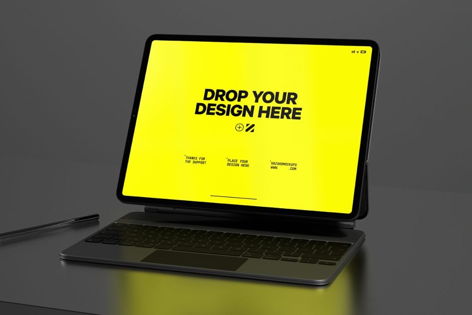 Laptop mockup with yellow screen for design presentation, realistic digital asset for showcasing web and UI designs, placed on a dark desk.