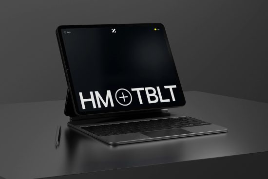 Elegant digital tablet mockup with stylus pen on a sleek desk representing a professional design template ideal for presentations, digital assets.