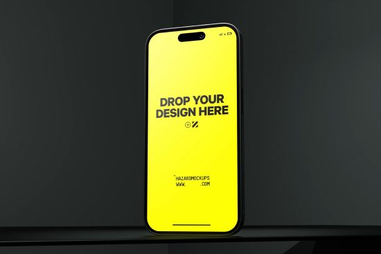 Smartphone mockup with editable screen on dark background for design presentation, digital asset for graphic designers.