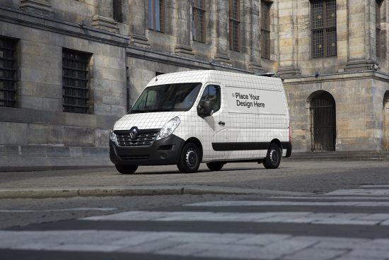 White delivery van mockup with design space on the side, parked on urban street for graphic vehicle branding and advertising.