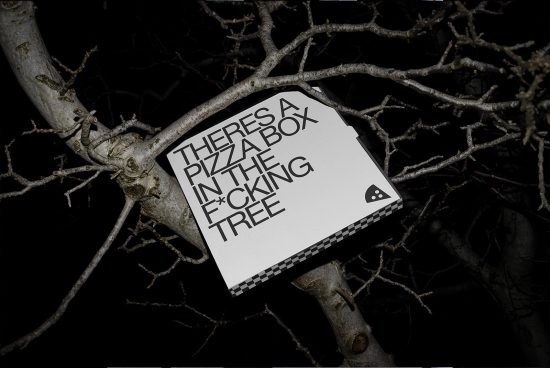 Creative poster mockup with bold typography on pizza box wedged in a bare tree, showcasing contrast and night setting, ideal for graphic design.