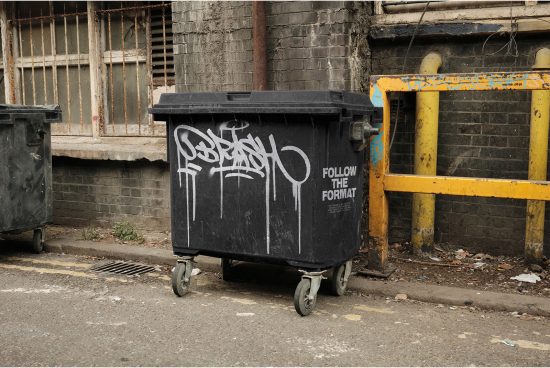 Urban street scene with graffiti-covered dumpsters for realistic texture or background mockup in urban design projects.