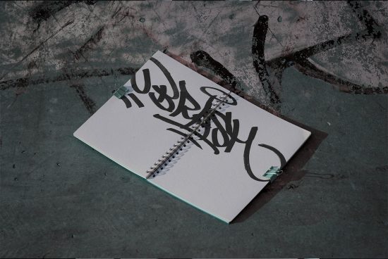 Grunge style notebook mockup with artistic graffiti on concrete surface, urban design presentation, graphic assets for designers.