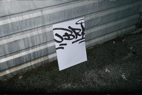 Urban street poster mockup with graffiti style artwork leaning against corrugated metal wall for graphic design display.