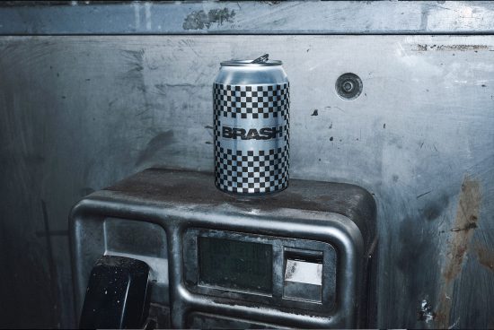 Grunge style beverage can mockup on a metal surface, showcasing bold checkered pattern design for product presentation.
