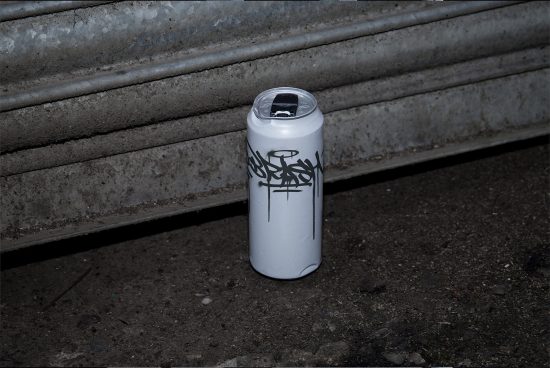 Spray paint can with graffiti style writing on urban ground, realistic texture, perfect for mockup, urban design elements.