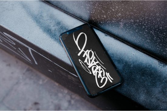 Smartphone mockup on frosted glass surface featuring calligraphy wallpaper, urban design, product presentation, realistic mobile display.