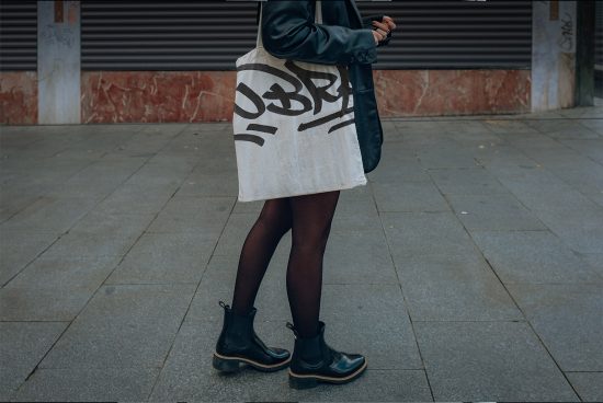 Stylish urban streetwear mockup with bold font on tote bag, trendy boots, and fashionable outfit for designers' assets marketplace.