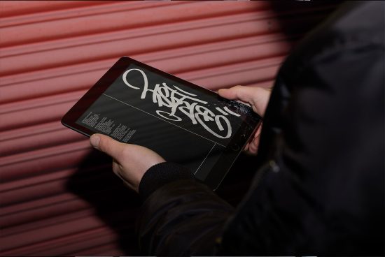 Person holding tablet displaying calligraphic font, suitable for graphic design, against red corrugated backdrop, highlighting digital brushwork.