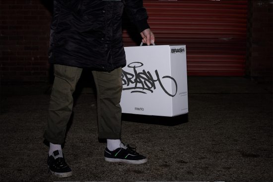 Person holding a box with stylized graffiti font, urban setting, potential mockup for packaging design with a focus on streetwear branding.