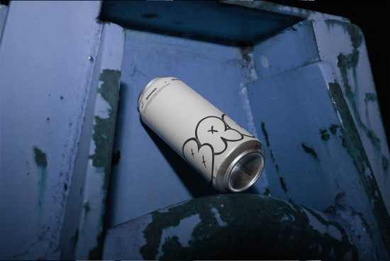 Mockup of a spray can with custom graphics on a gritty blue industrial background, ideal for urban design presentations.