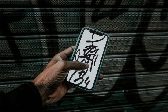 Person holding smartphone with calligraphy design screen against urban metal shutter, showcasing brush script font for graphic design.