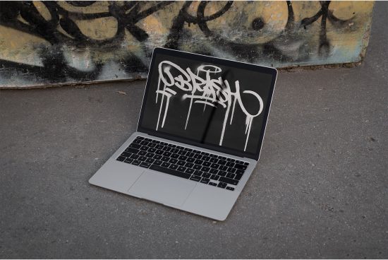 Laptop mockup on urban ground with graffiti art on screen, perfect for designers looking for street-style graphics or urban-themed templates.