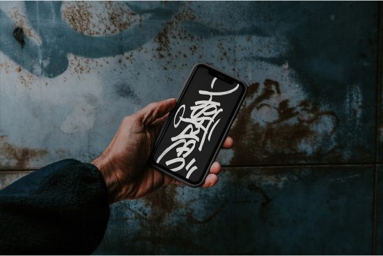 Hand holding smartphone with custom calligraphy design screen, displaying fonts and artistic style against grungy background for mockups.