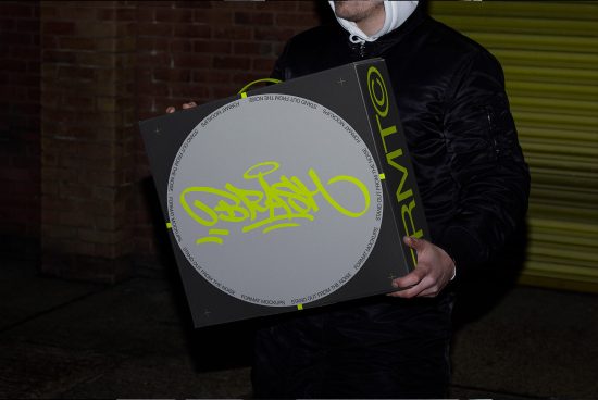Man holding large round print mockup with neon typography against brick wall, ideal for graphic design presentation.