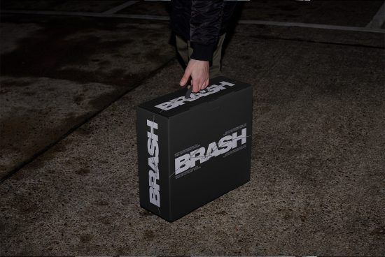Person holding a sleek black package with bold typography in a night street environment, ideal for mockup presentations and branding visuals.