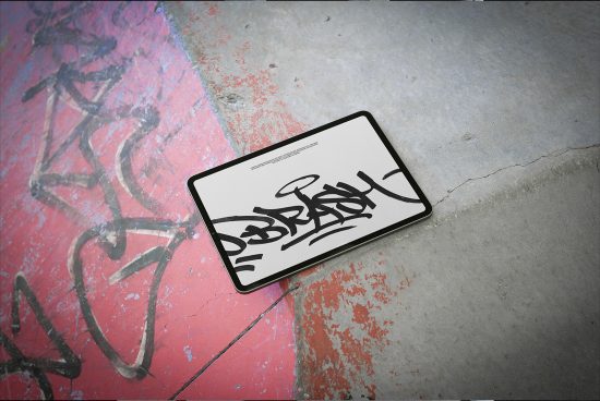 Tablet mockup with graffiti style font design on a textured urban floor, displaying edgy street art aesthetics for graphic designers.