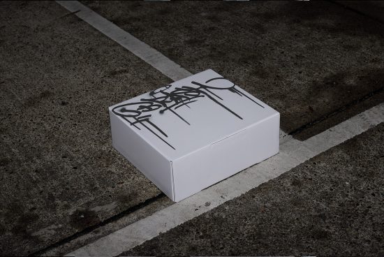 Realistic packaging mockup with graffiti-style design on white box, placed on urban concrete ground with parking lines. Ideal for product presentation.