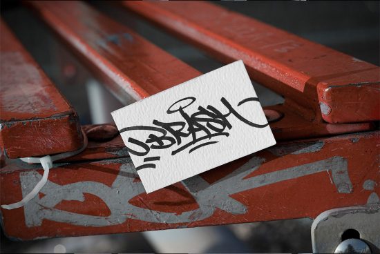 Urban style business card mockup with graffiti elements on a textured red metallic bench, showcasing street art and design fusion.