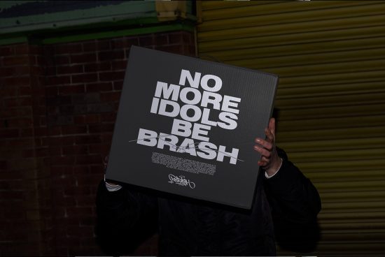 Person holding sign with bold typography design mockup, "NO MORE IDOLS BE BRASH", street style, graphic design, poster template.