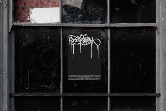Grunge urban window frame with distressed textures and graffiti tag, perfect for overlay graphics or mockup presentations in urban design projects.