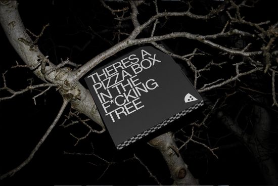 Creative mockup of pizza box in tree branches at night, bold typography design, graphic presentation for packaging, eerie atmosphere.