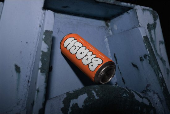 Orange soda can with cartoon design mockup on a gritty blue surface, ideal for product packaging, branding, and graphic design assets.