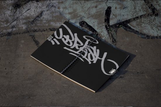 Black spiral notebook with white graffiti-style typography on concrete surface, urban mockup design, stylish branding presentation.