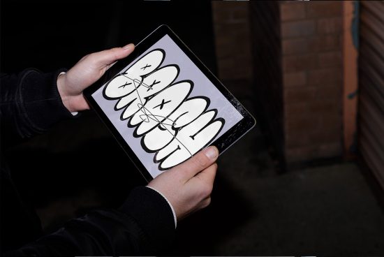Person holding a tablet showcasing a black and white graffiti-style digital art piece, ideal for graphics and templates category.