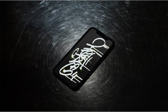 Mockup of smartphone with graffiti art screen on textured dark background for design presentation and portfolio display.