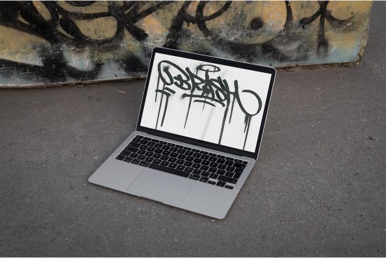 Laptop on urban ground displaying graffiti art, ideal for mockups, urban design theme, street art presentations, and creative graphics.