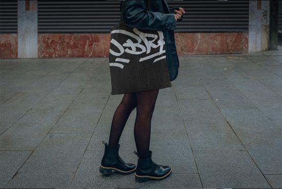 Urban streetwear mockup with person wearing fashionable skirt and jacket, walking in city setting, perfect for clothing design showcases.