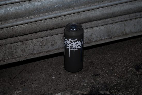 Black spray paint can with graffiti font design on urban concrete background, perfect for mockup graphics and font presentations for designers.