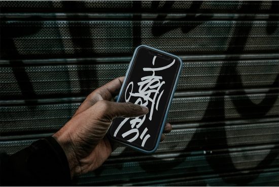 Smartphone mockup held against graffiti backdrop showcasing custom graffiti-style fonts, urban design, hand presentation, digital asset.