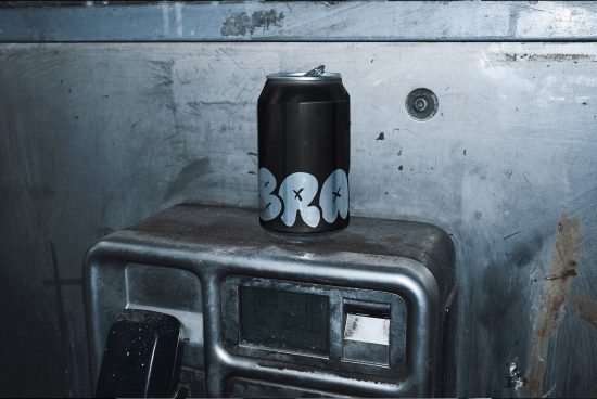 Grunge style soda can mockup on an old metal surface, displaying bold graphics design, ideal for presenting urban and edgy branding.