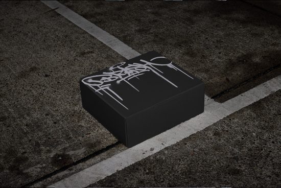 Realistic shoe box mockup with graffiti design on urban street asphalt for packaging presentation, ideal for designers looking for city-themed templates.