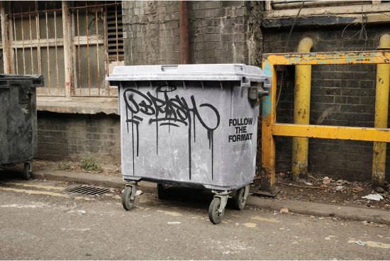 Urban street scene with graffitied dumpster, ideal for mockup backgrounds, gritty texture overlays, or graphic design elements.